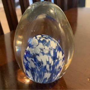 Art Glass Paperweight Blue Bubble Fountain Egg Shape Clear Blue White